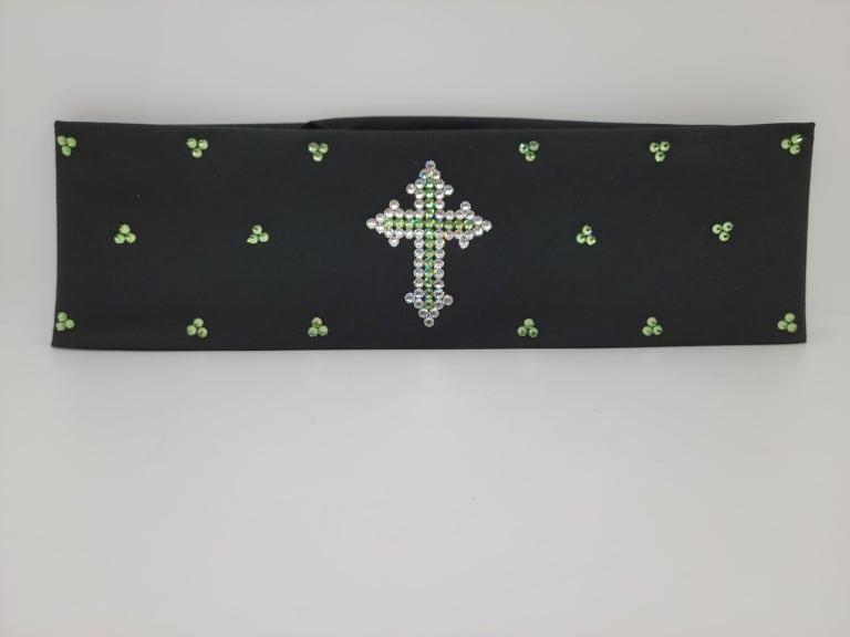 Cross Black Bandana with Light Green and Diamond Clear Austrian Crystals (Sku6042)