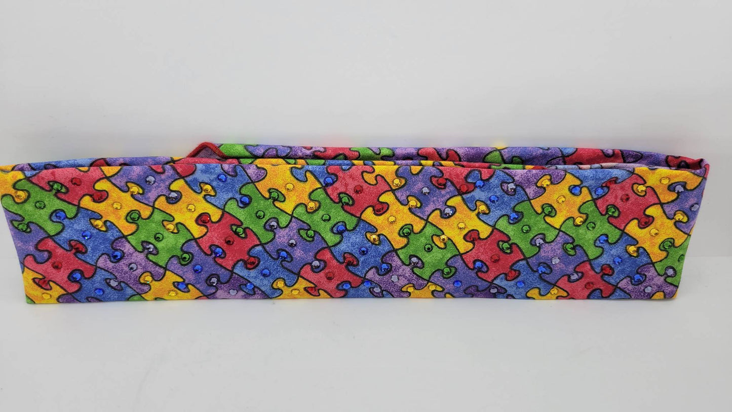 Narrow Faded Autism Puzzle Pieces with Multiple Colors of Austrian Crystals (Sku6072)