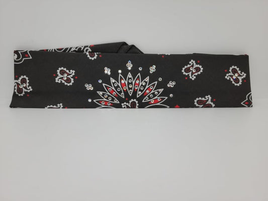 Narrow Bargain Red and Black Paisley Bandana with Diamond Clear Crystals (Sku8058)