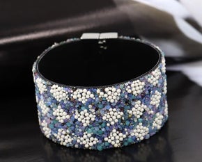 Elegant Synthetic Leather Blue and White Stone Wrap Bracelet (Sku8310)