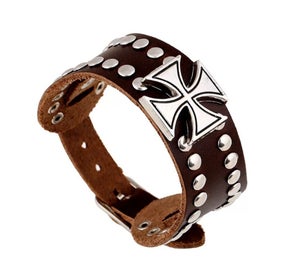 UNISEX Brown Leather Small Maltese Cross Adjustable Bracelet (sku8319)