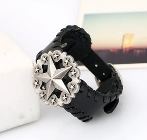 UNISEX Black leather Star Concho adjustable bracelet (sku8321)