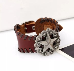 UNISEX Brown Leather Star Concho Adjustable Bracelet (sku8322)