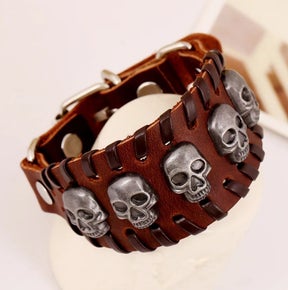 UNISEX Brown leather skull adjustable bracelet (sku8323)