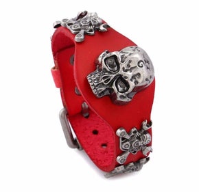 Red Leather Adjustable Skull Motor Wrench UNISEX Bracelet (sku8325)