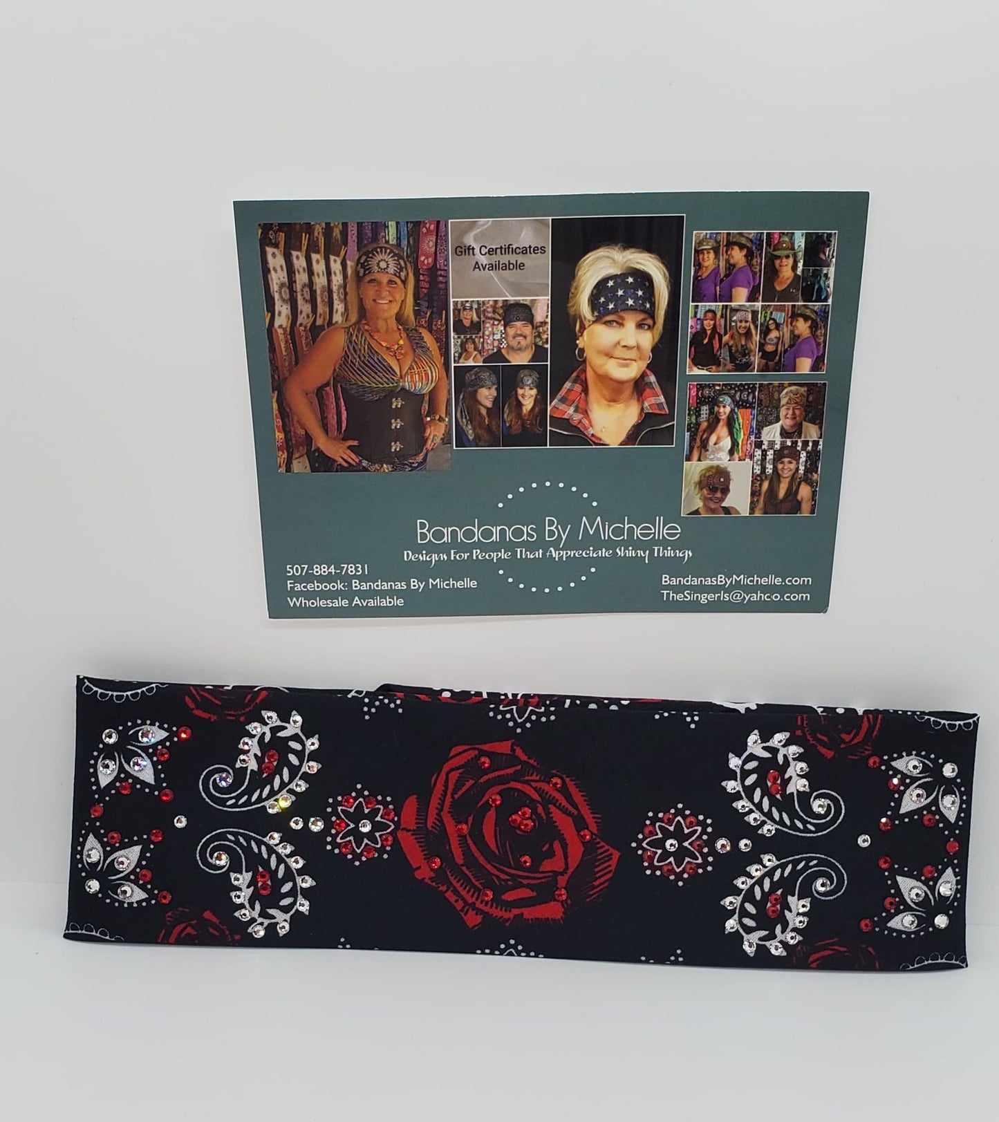 Red Rose Bandana with Bright Red and Diamond Clear Austrian Crystals (Sku9005)