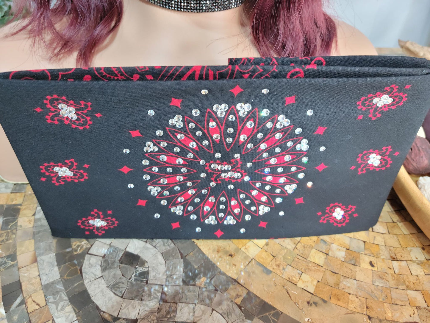 Wide Black and Red Paisley with Diamond Clear Austrian Crystals (Sku9723)