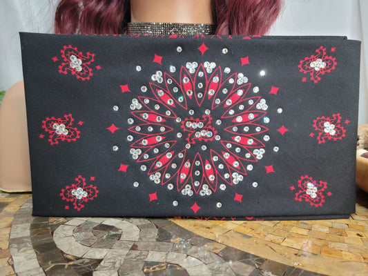 Wide Black and Red Paisley with Diamond Clear Austrian Crystals (Sku9723)