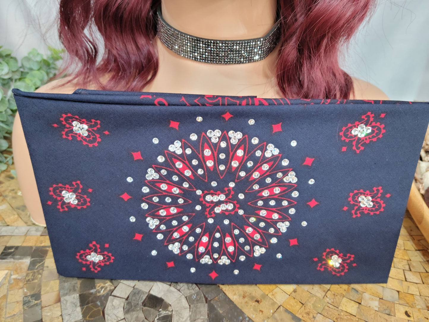 Wide Navy Blue and Red Paisley with Diamond Clear Austrian Crystals (Sku9727)