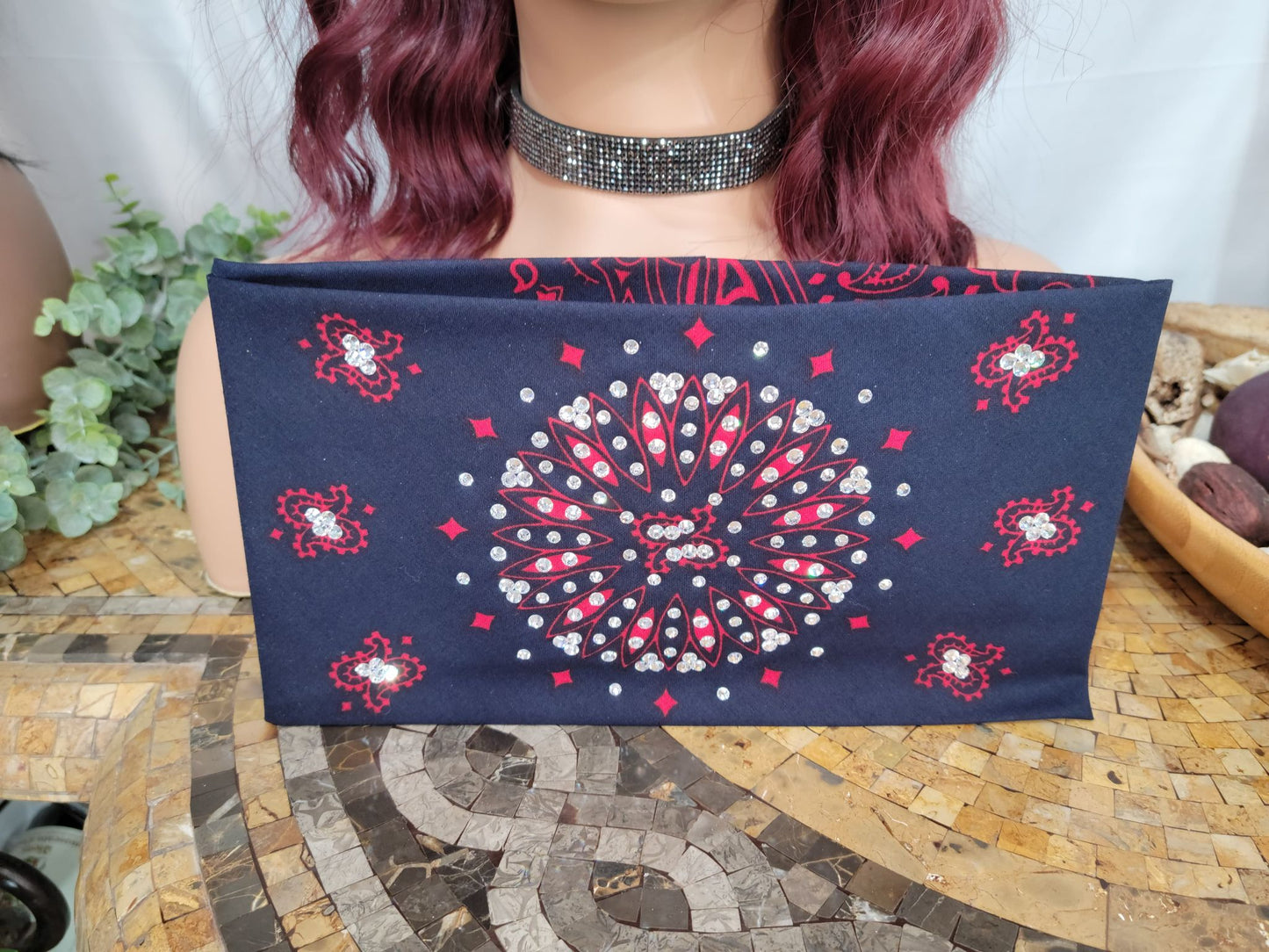 Wide Navy Blue and Red Paisley with Diamond Clear Austrian Crystals (Sku9727)