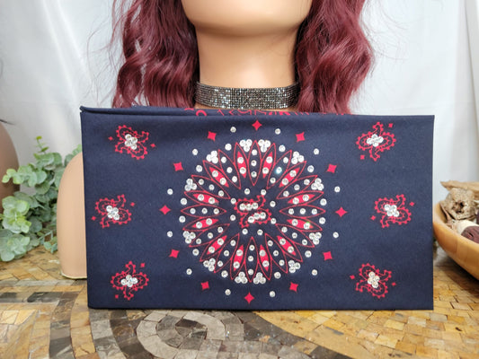 Wide Navy Blue and Red Paisley with Diamond Clear Austrian Crystals (Sku9727)