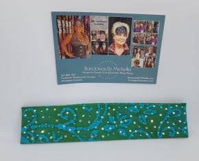 Narrow Green and Turquoise Batik Bandana with Turquoise and Diamond Clear Austrian Crystals (Sku9937)