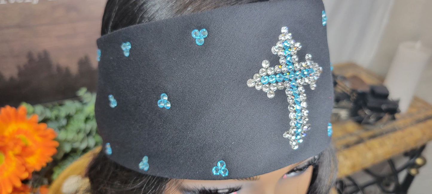 Turquoise and Clear Cross with Turquoise and Diamond Clear Austrian Crystals (Sku9973)