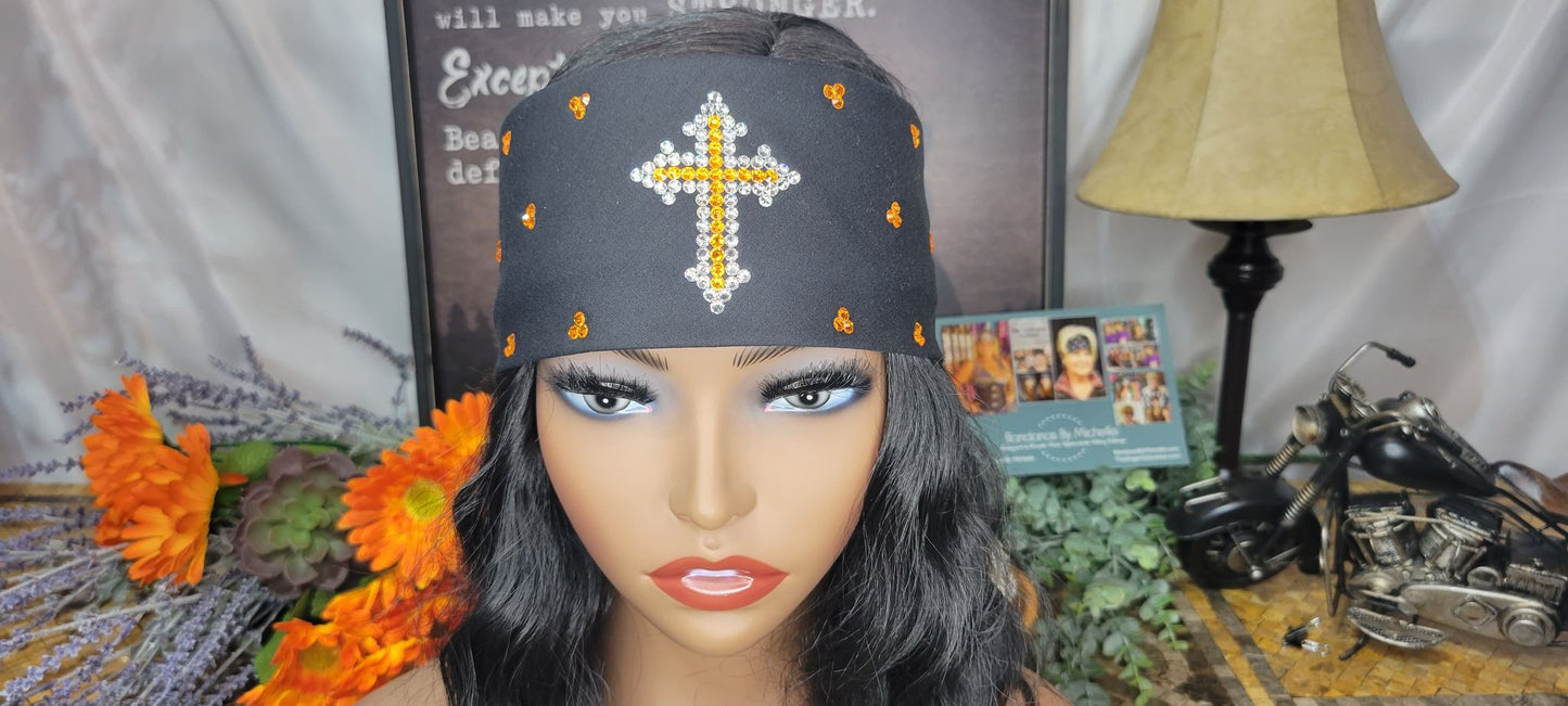 Orange and Clear Cross with Orange and Diamond Clear Austrian Crystals (Sku9976)