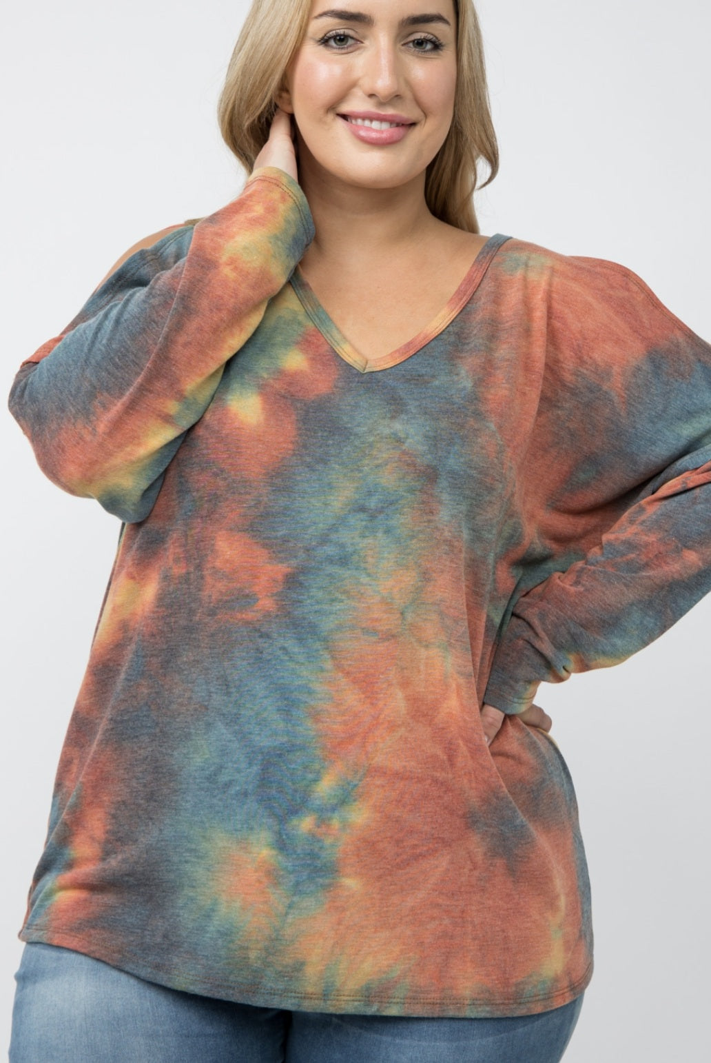 PLUS size & Regular Multi Colored Long Sleeve Cold Shoulder Shirt (V19072L)