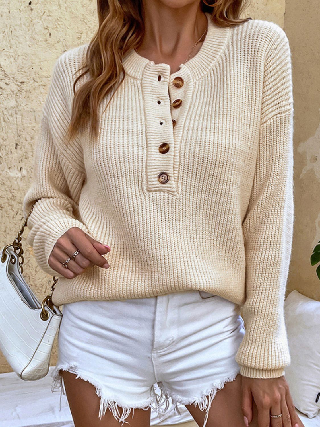 Round Neck Ribbed Button-Down Sweater