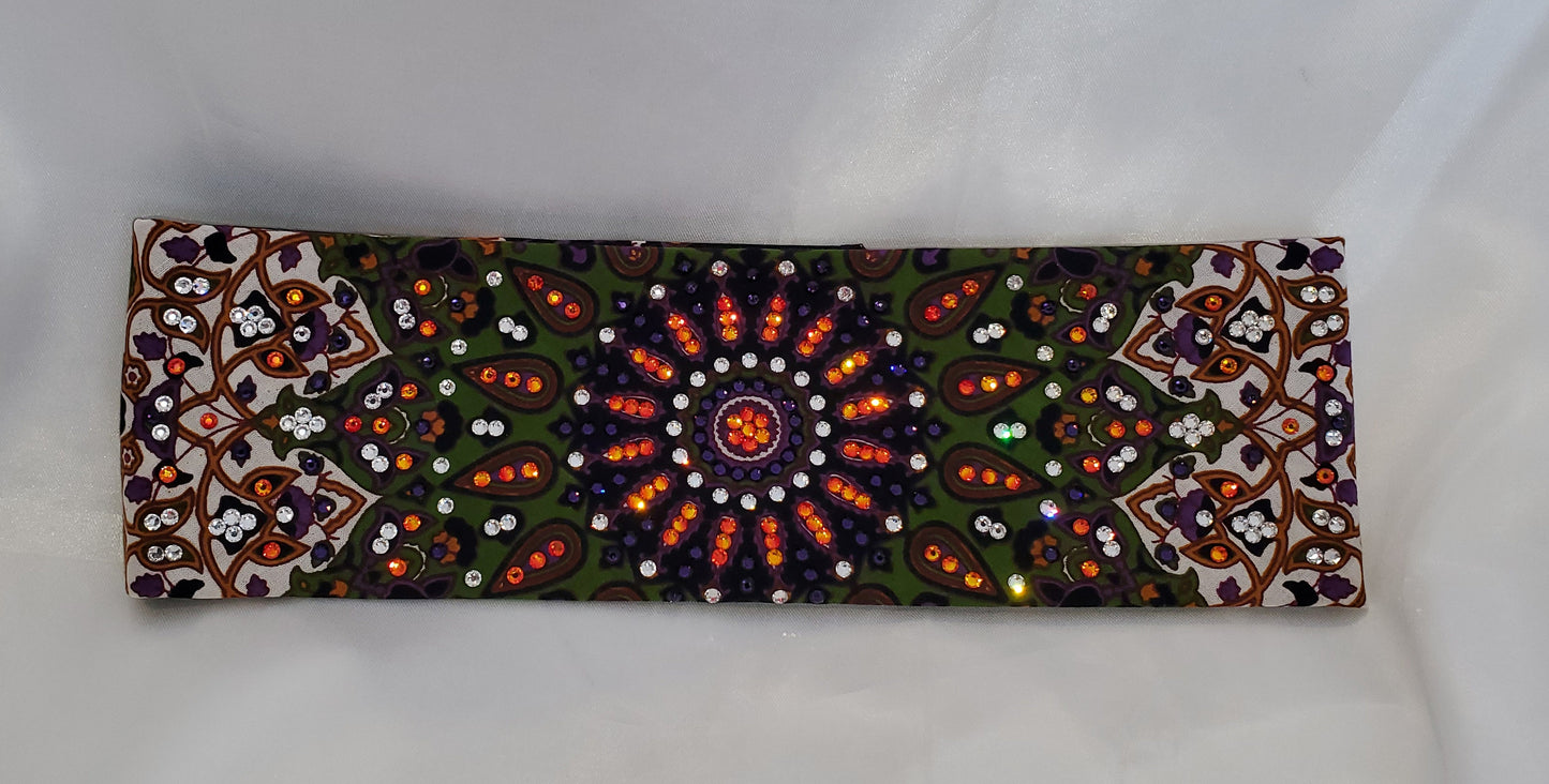 LeeAnnette Green and Purple Bandana with orange, purple and clear Austrian Crystals (Sku4891)