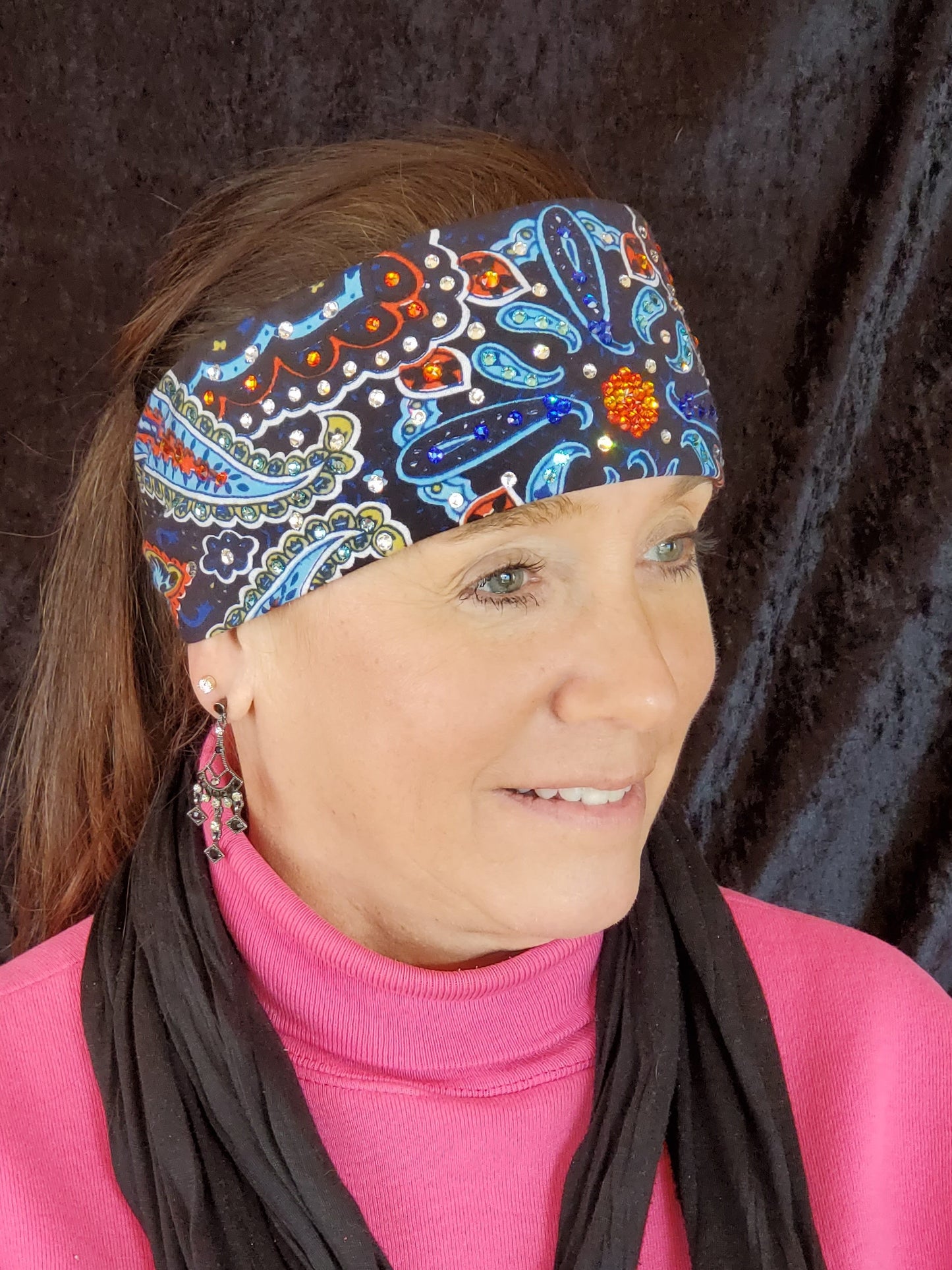 Blue Indian Design Bandana with Orange, Blue, Turquoise and Diamond Clear Austrian Crystals (Sku1404)