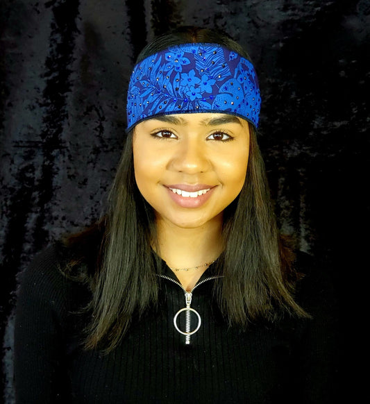 Dark Blue Jungle Leaves Headband Strip with Blue and Black Austrian Crystals (Sku5560)