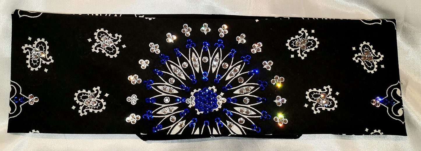 EXTRA BLING - Black Paisley With Blue and Diamond Clear Austrian Crystals (Sku4600)