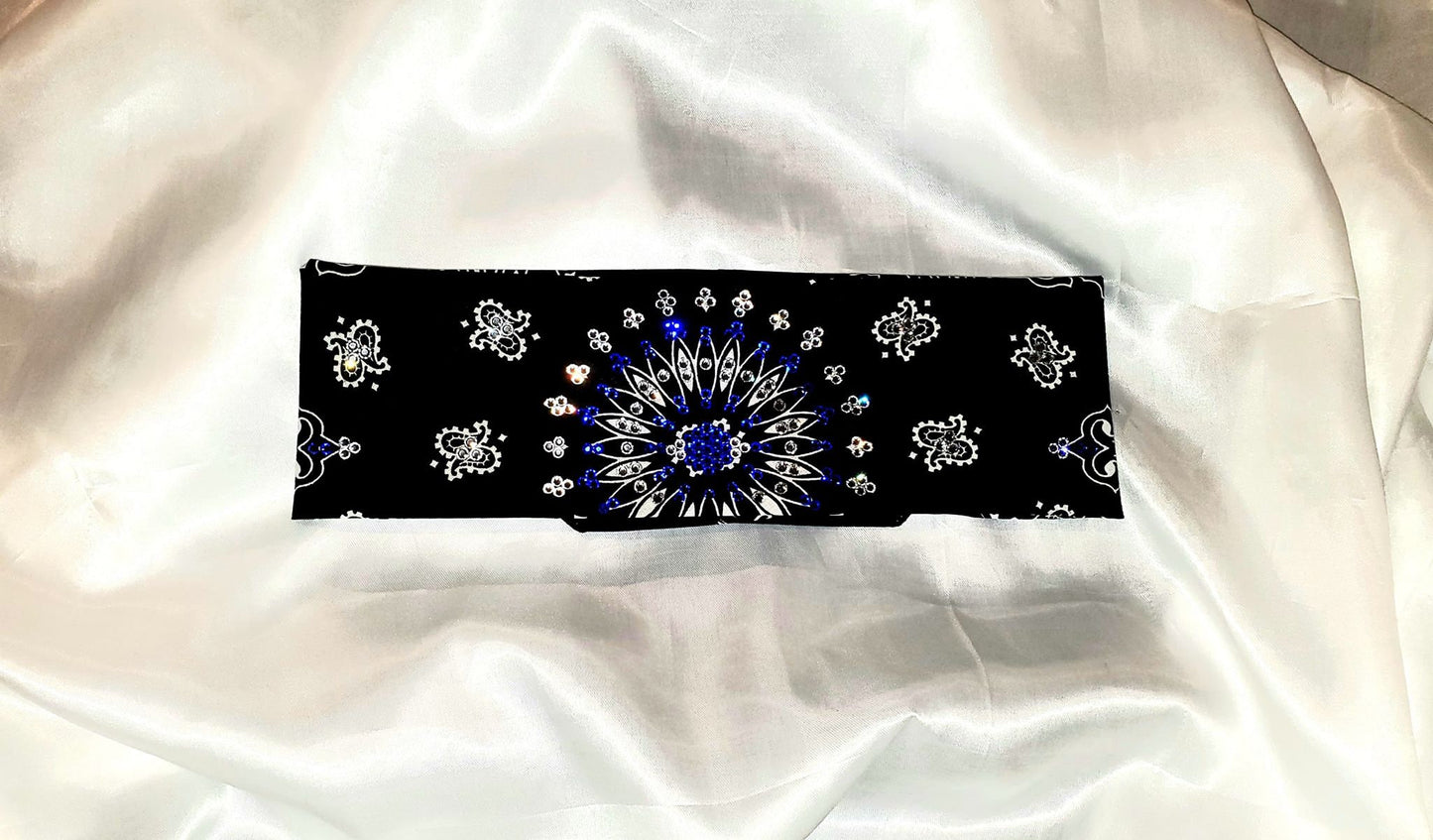 EXTRA BLING - Black Paisley With Blue and Diamond Clear Austrian Crystals (Sku4600)