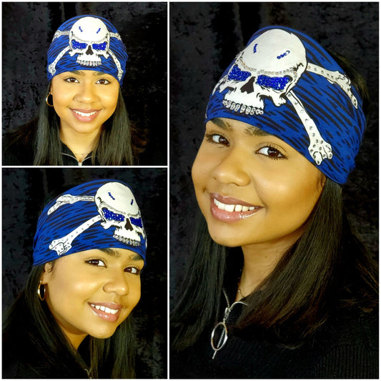 Blue Skull & Cross Bones Bandana with Blue and Diamond Clear Austrian Crystals (Sku1096)