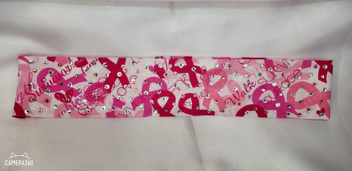 Narrow Breast Cancer Bandana with Pink and Diamond Clear Austrian Crystals (Sku1427)