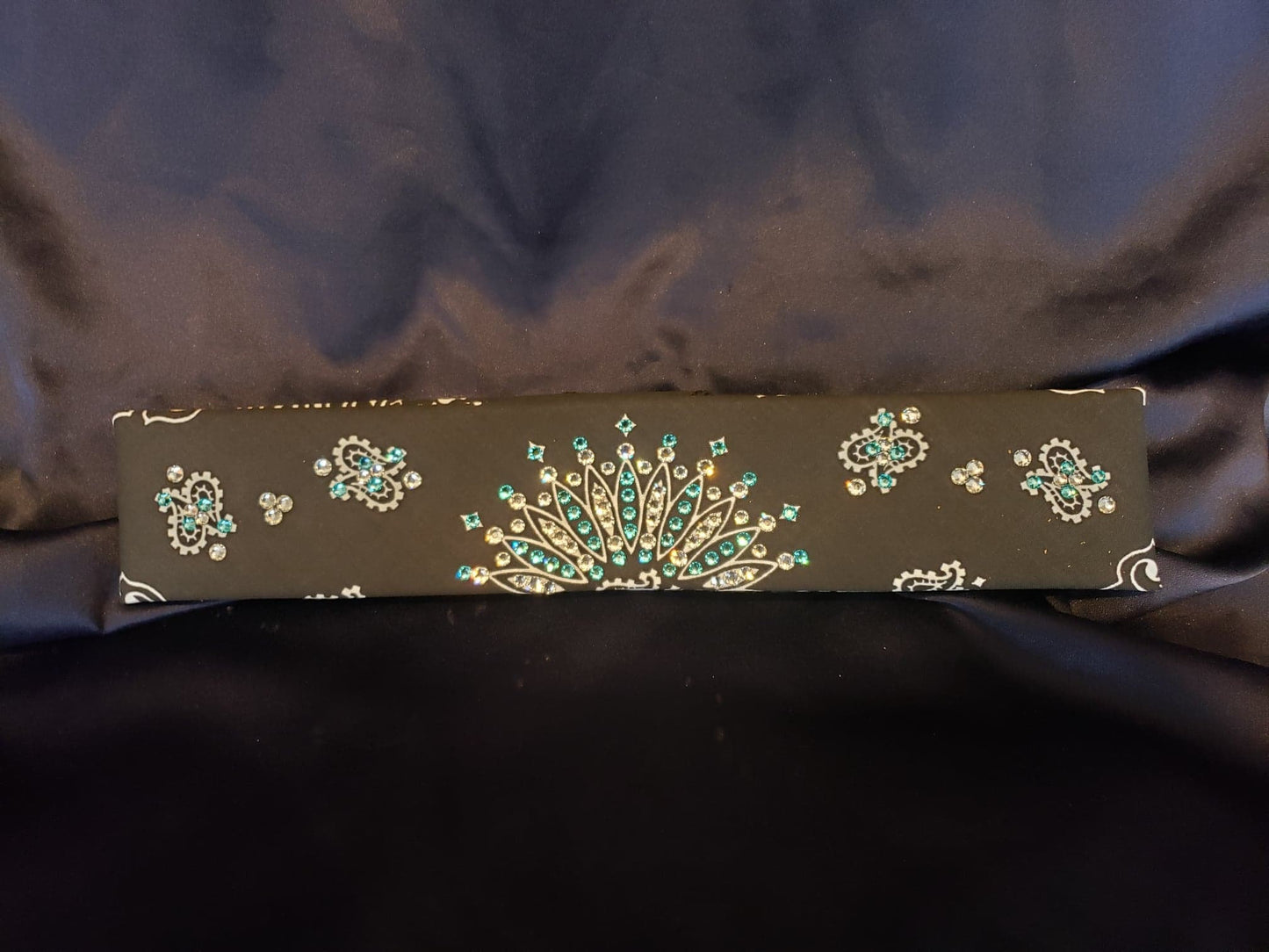 Narrow Black Paisley with Turquoise and Diamond Clear Austrian Crystals (Sku2087)