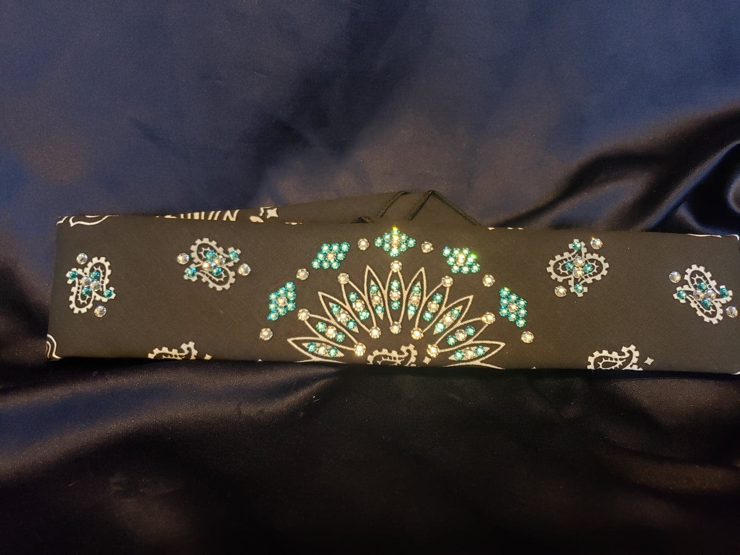 Narrow Black Paisley with Turquoise and Diamond Clear Austrian Crystals (Sku2088)