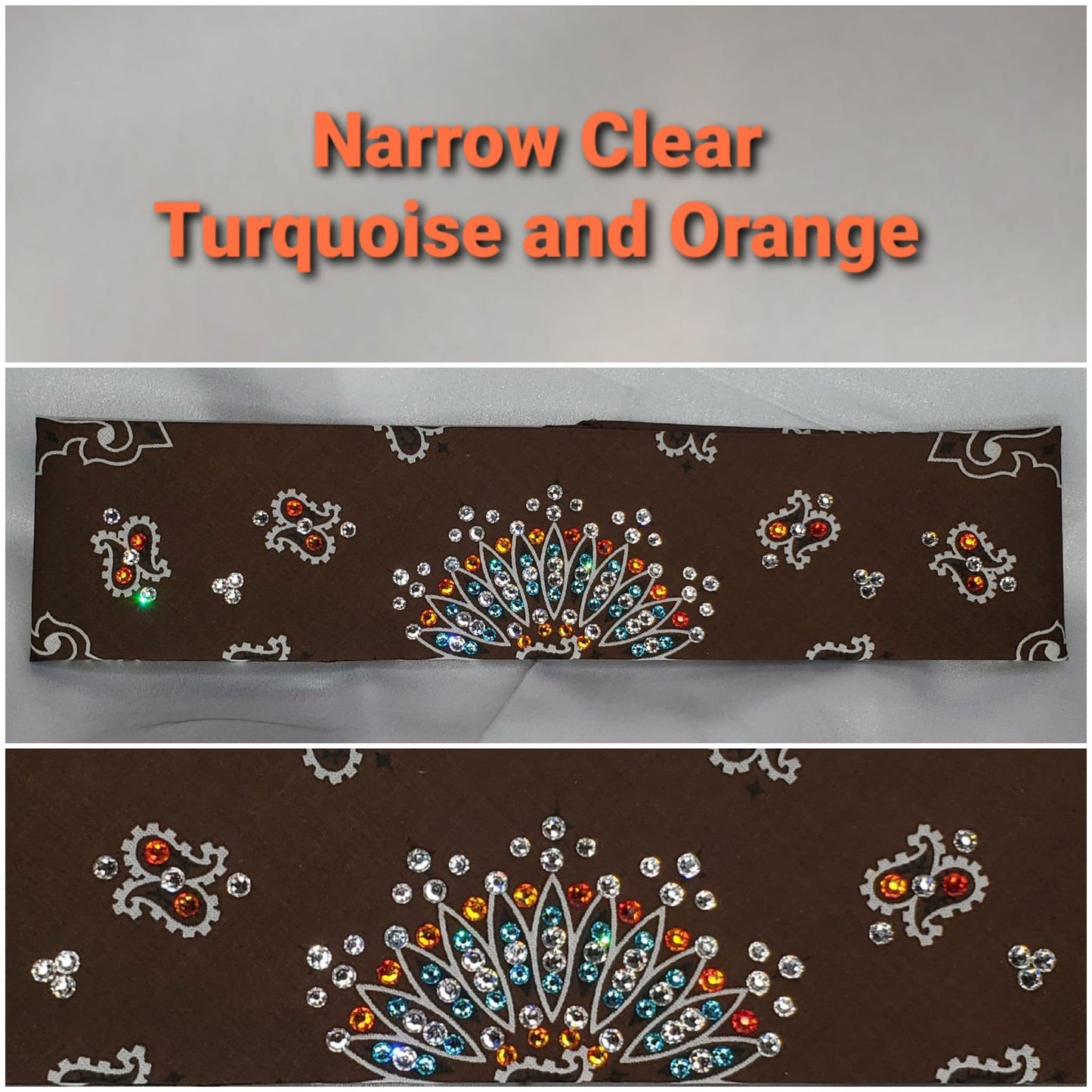 Narrow Brown Paisley with Turquoise, Orange and Diamond Clear Austrian Crystals (Sku2126)