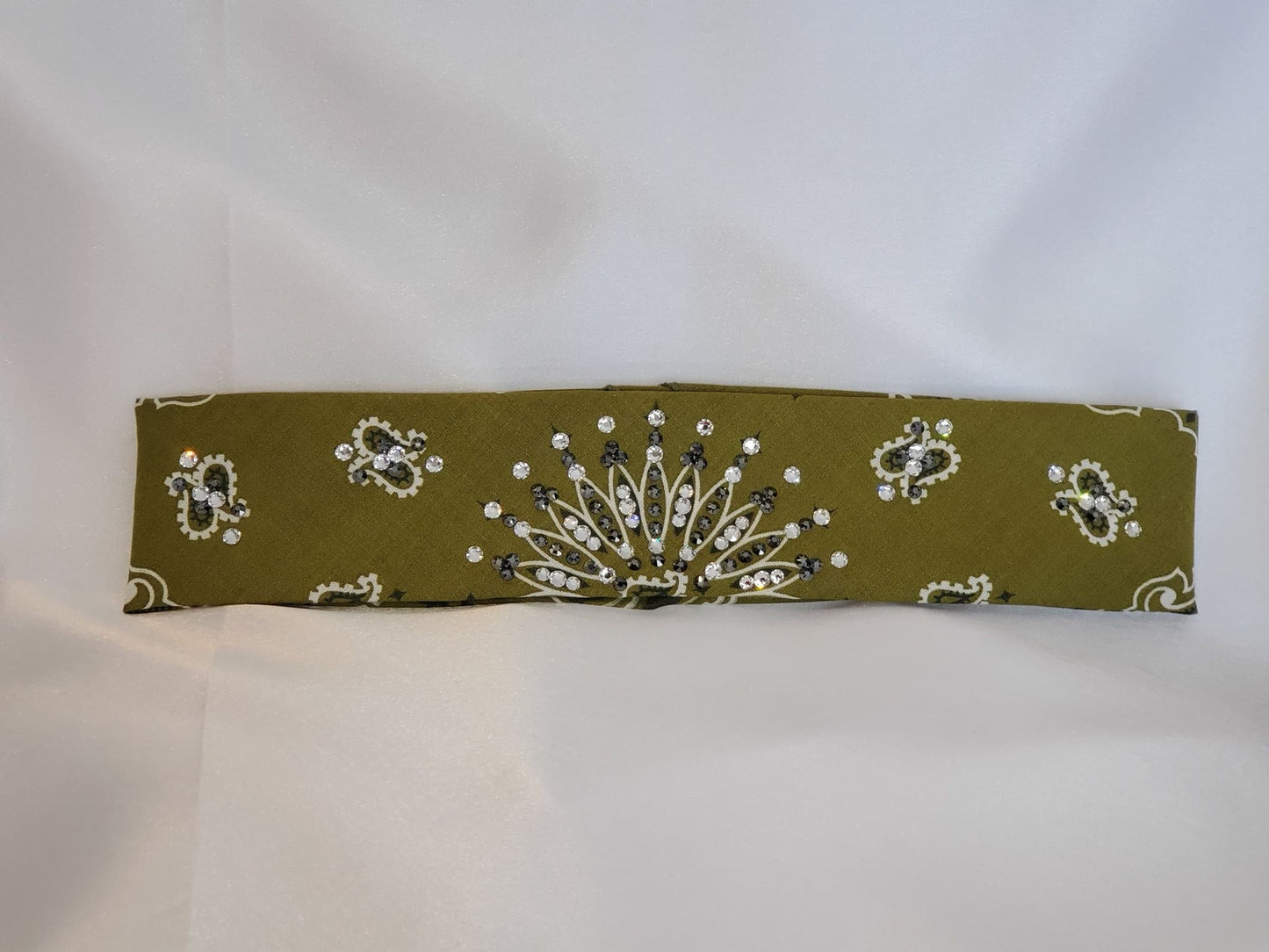 Narrow Olive Green Paisley With Jet Black Hematite and Diamond Clear Austrian Crystals (Sku2175)