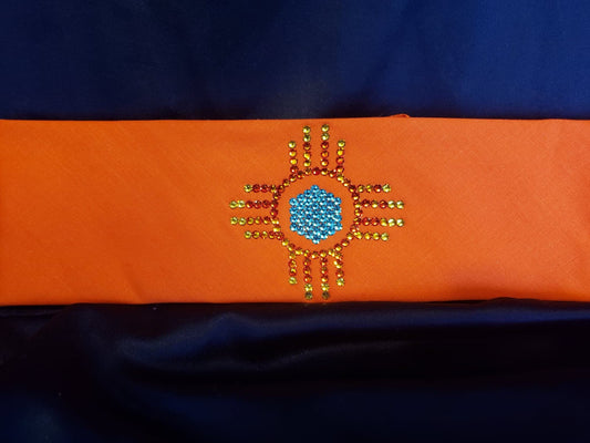 Zia on Orange Bandana with Orange, Yellow and Turquoise Austrian Crystals (Sku9700)