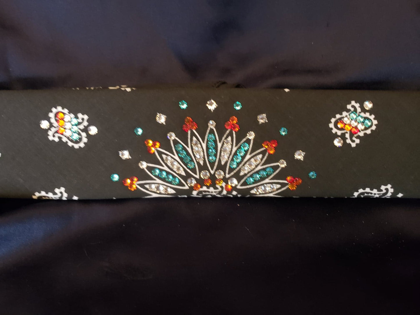 Narrow Black Paisley with Turquoise, Orange and Diamond Clear Austrian Crystals (Sku2083)