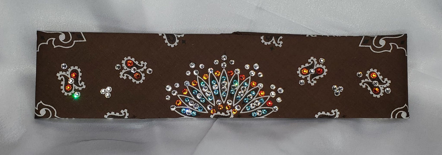 Narrow Brown Paisley with Turquoise, Orange and Diamond Clear Austrian Crystals (Sku2126)
