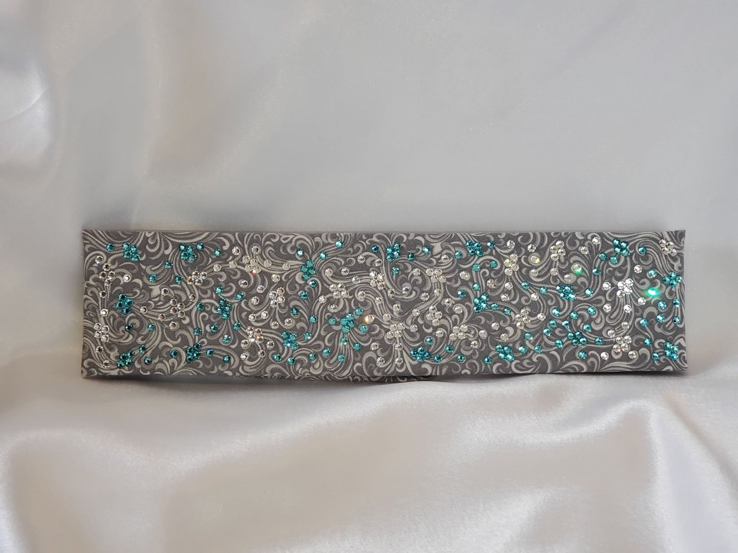 Narrow Gray Scroll with Turquoise and Diamond Clear Swarovski Crystals (Sku1831)