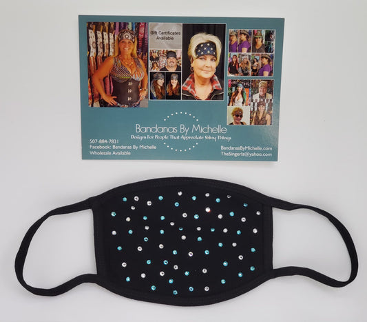 Black Face Mask with Turquoise and Diamond Clear Swarovski Crystals (Sku5924)