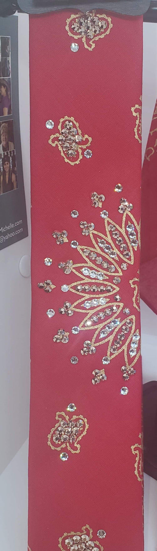 Narrow Gold Paisley on Red with Rose Gold Austrian Crystals (Sku2042)